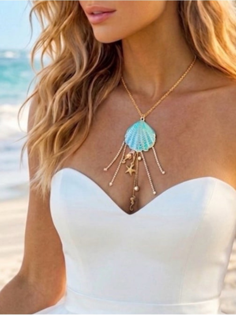 Betsey Johnson Gold-Tone Iridescent Blue Shell Charm Necklace - Picture 14 of 16